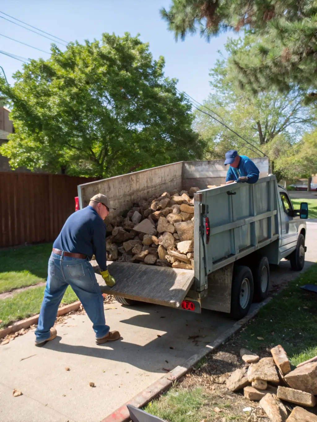 A team of workers loading large furniture and debris into a truck in a residential backyard, showcasing Q Ride's junk removal service.
