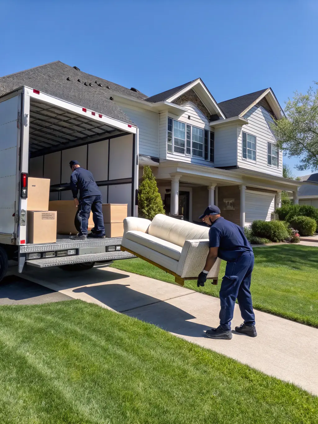 A moving truck parked outside a suburban home with professional movers carefully loading boxes and furniture, ensuring a smooth residential move.